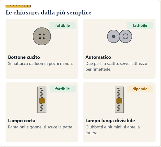 Quattro chiusure disegnate: lampo, bottone cucito, automatico a scatto, bottone dei jeans