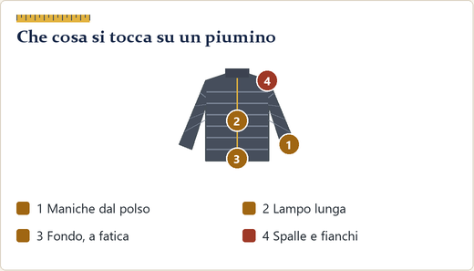 Piumino disegnato con gli scomparti orizzontali e le zone di ritocco possibili e impossibili